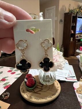 New Gold-Tone Black Clover Drop Earrings